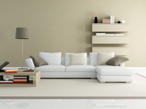 white three seat low sectional with geometric coffee table