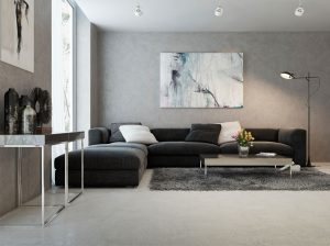 large five seat dark grey plush sectional with low back and low grey coffee table